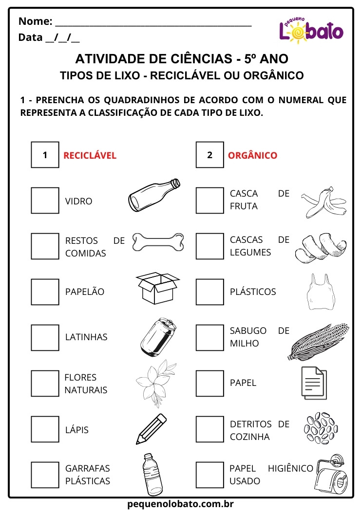 Atividade de Ciências 5º Ano sobre os Tipos de Lixo - Reciclável e Orgânico