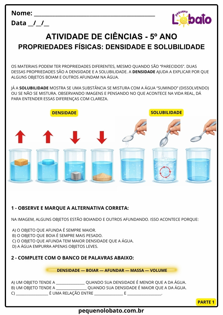 Atividade de Ciências 5º ano sobre Propriedades Físicas dos Materiais Densidade e Solubilidade parte 1
