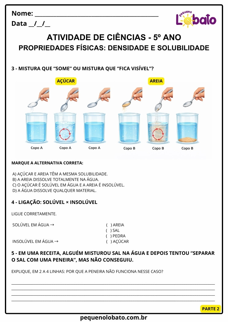 Atividade de Ciências 5º ano sobre Propriedades Físicas dos Materiais Densidade e Solubilidade parte 2