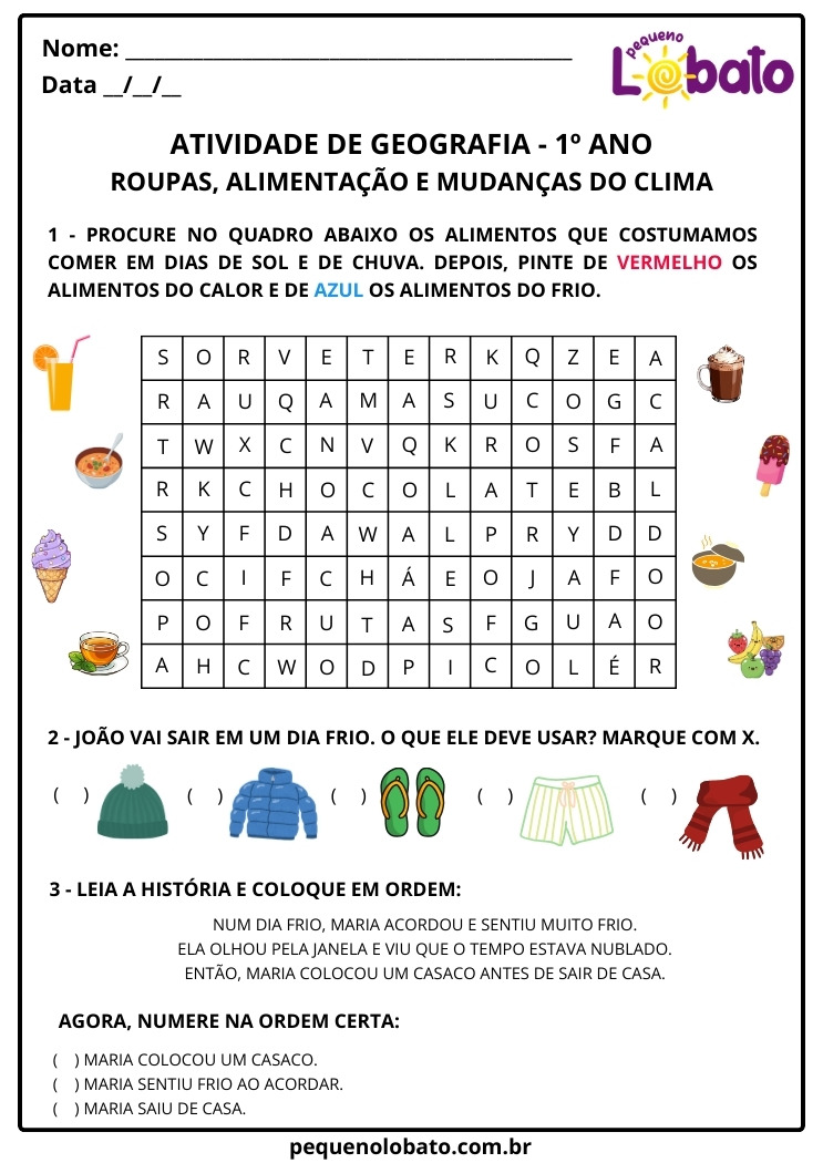 Atividade de Geografia 1º Ano Alimentos, Roupas e Climas