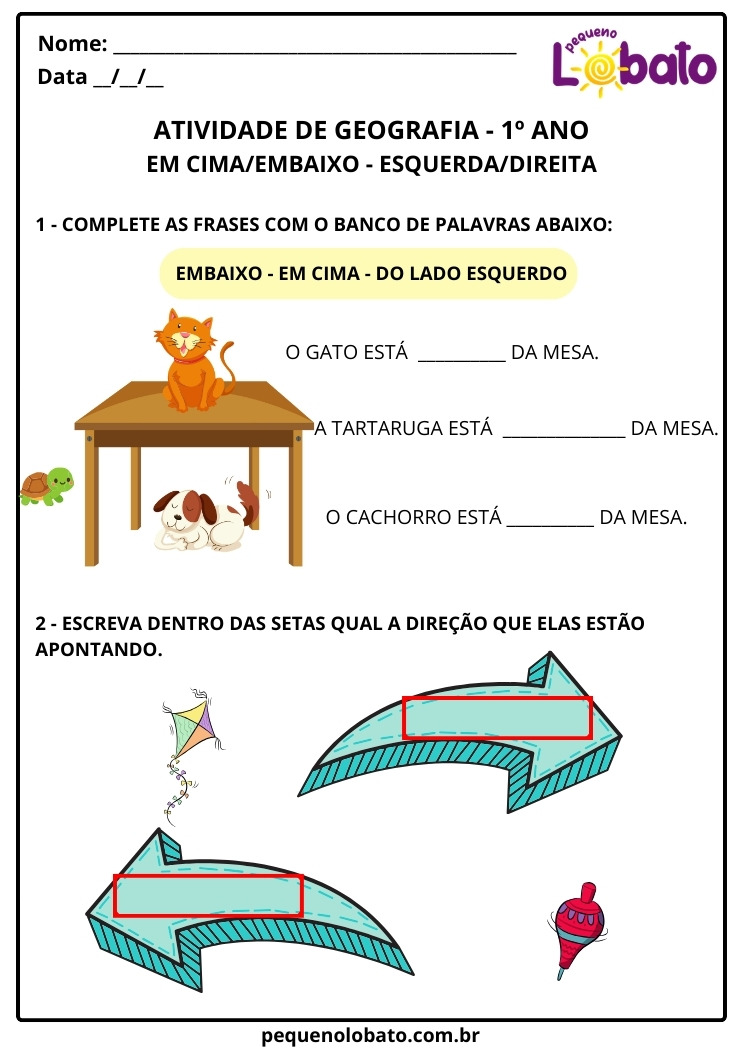 Atividade de Geografia 1º Ano - Em cima, Embaixo, Esquerda e Direita
