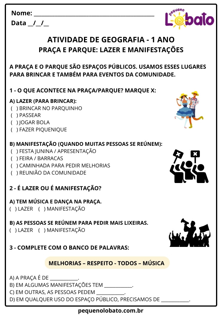 Atividade de Geografia 1º Ano Espaço Público Lazer e Manifestação
