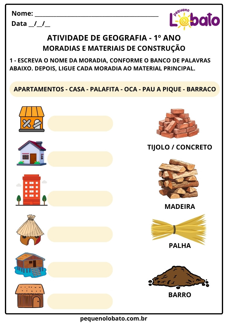 Atividade de Geografia 1º Ano Moradias e Materiais