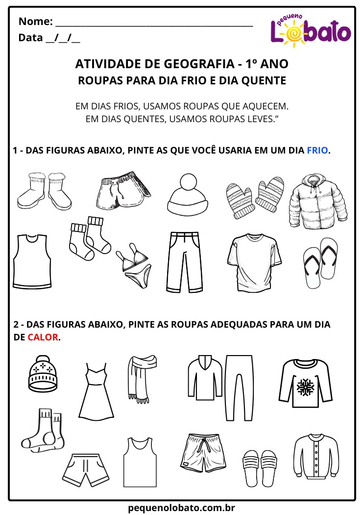 Atividade de Geografia 1º Ano Roupas para Frio e Calor