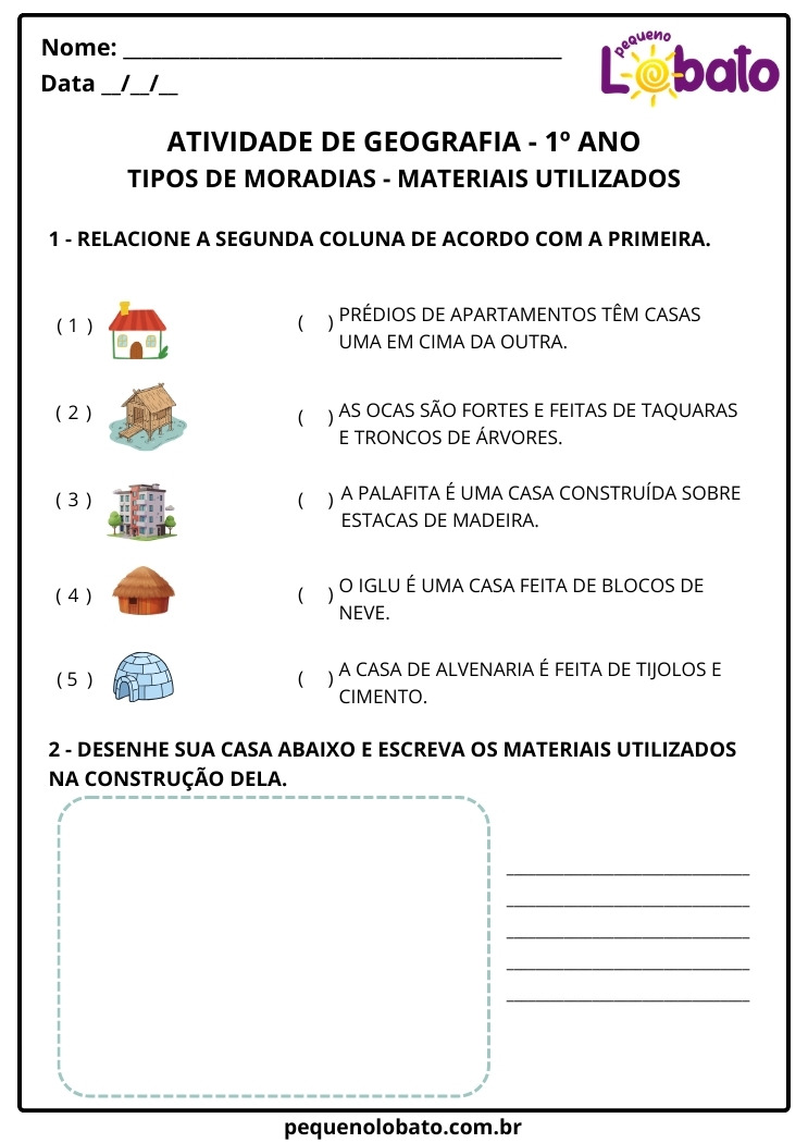 Atividade de Geografia 1º Ano Tipos de Moradia e Materiais