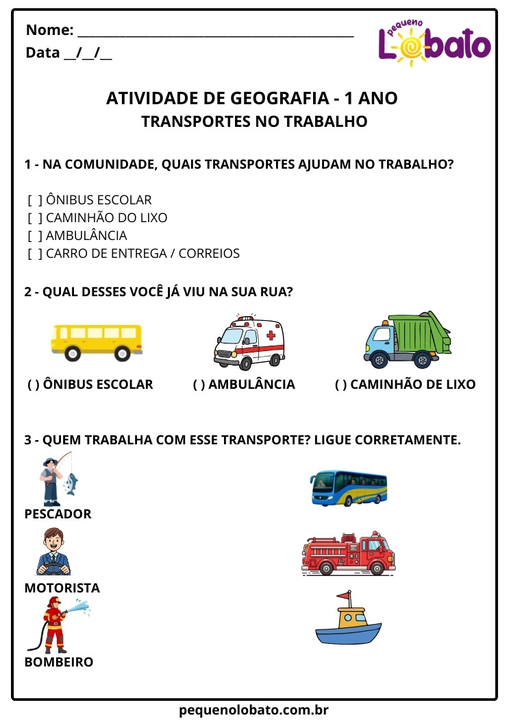 Atividade de Geografia 1º Ano Transportes que Ajudam no Trabalho