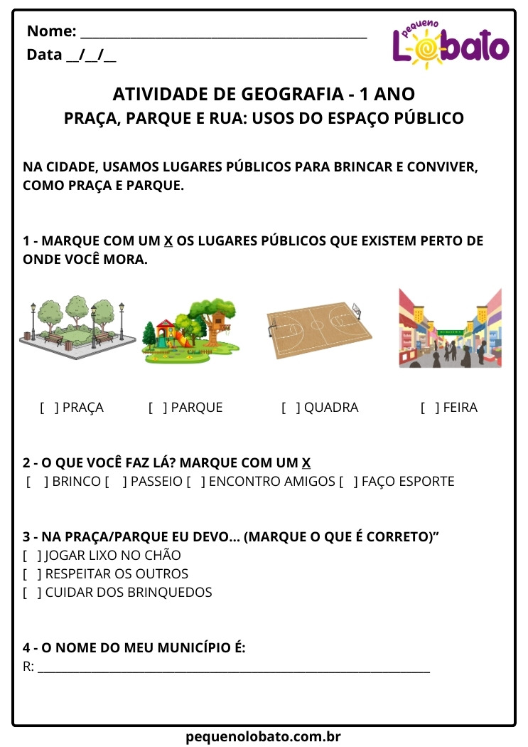 Atividade de Geografia 1º Ano Usos de Praça e Parque para Lazer