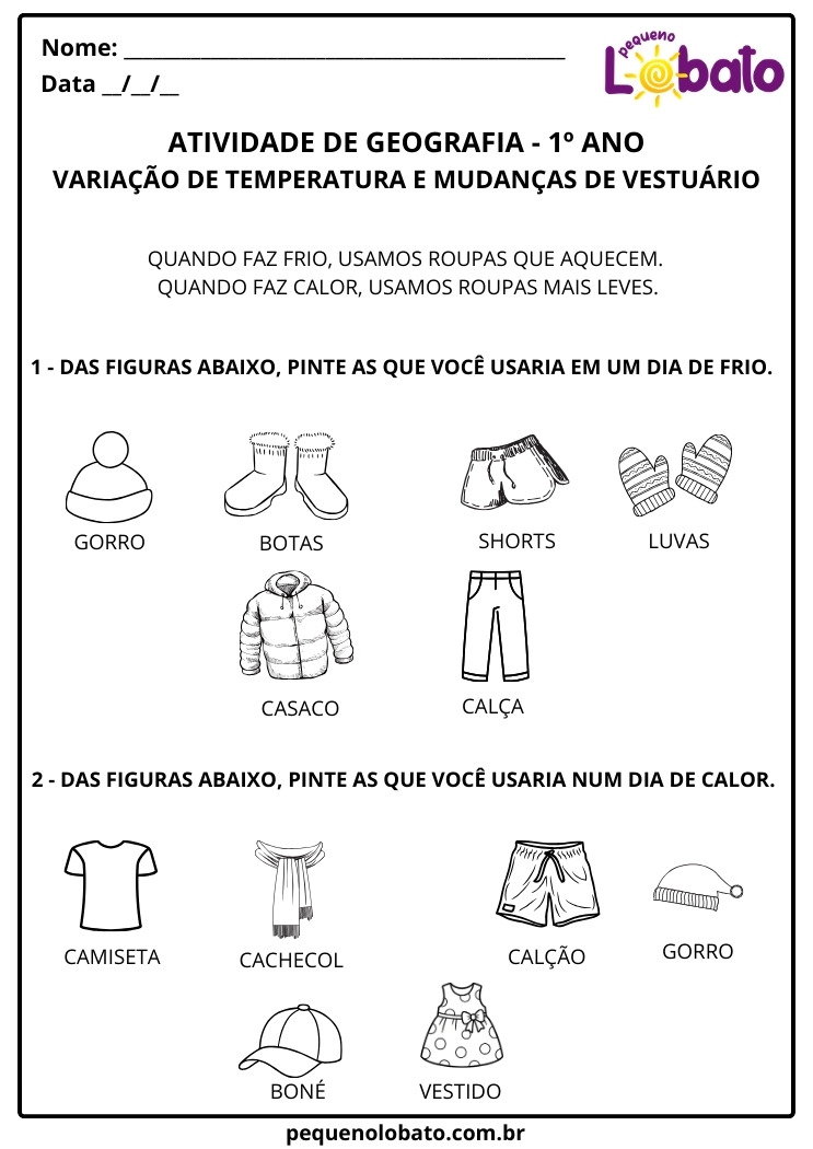 Atividade de Geografia 1º Ano Variação do Tempo e Roupas