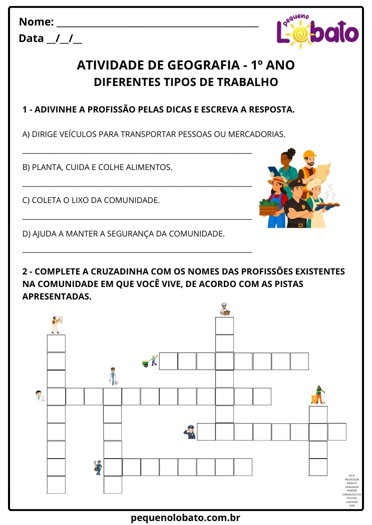 Atividade de Geografia 1º Ano com Cruzadinha das Profissões