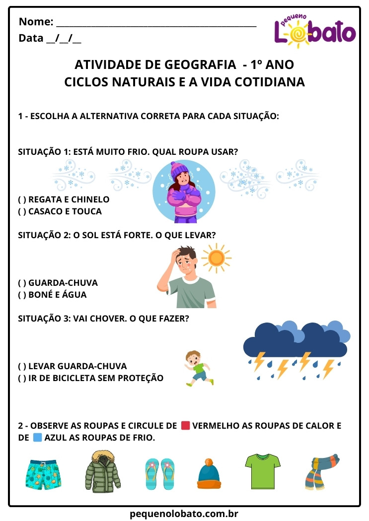 Atividade de Geografia 1º Ano sobre Ciclos Naturais e a Vida Cotidiana