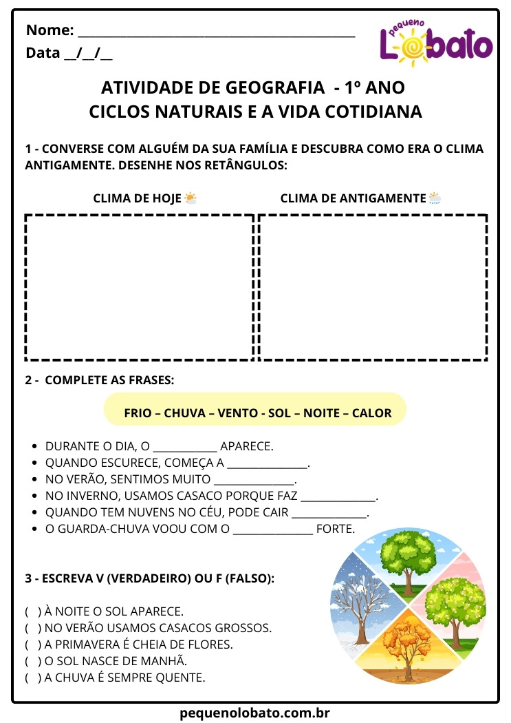 Atividade de Geografia 1º Ano sobre Clima de Hoje e de Antigamente