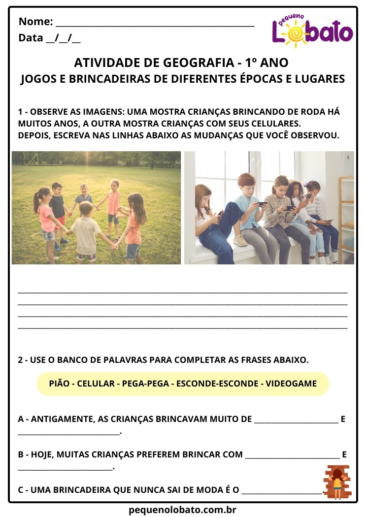 Atividade de Geografia 1º Ano sobre Diferenças entre Jogos e Brincadeiras