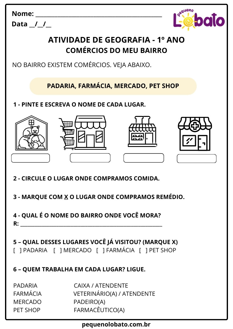 Atividade de Geografia 1º Ano sobre Lugares de Vivência Comércios do Bairro
