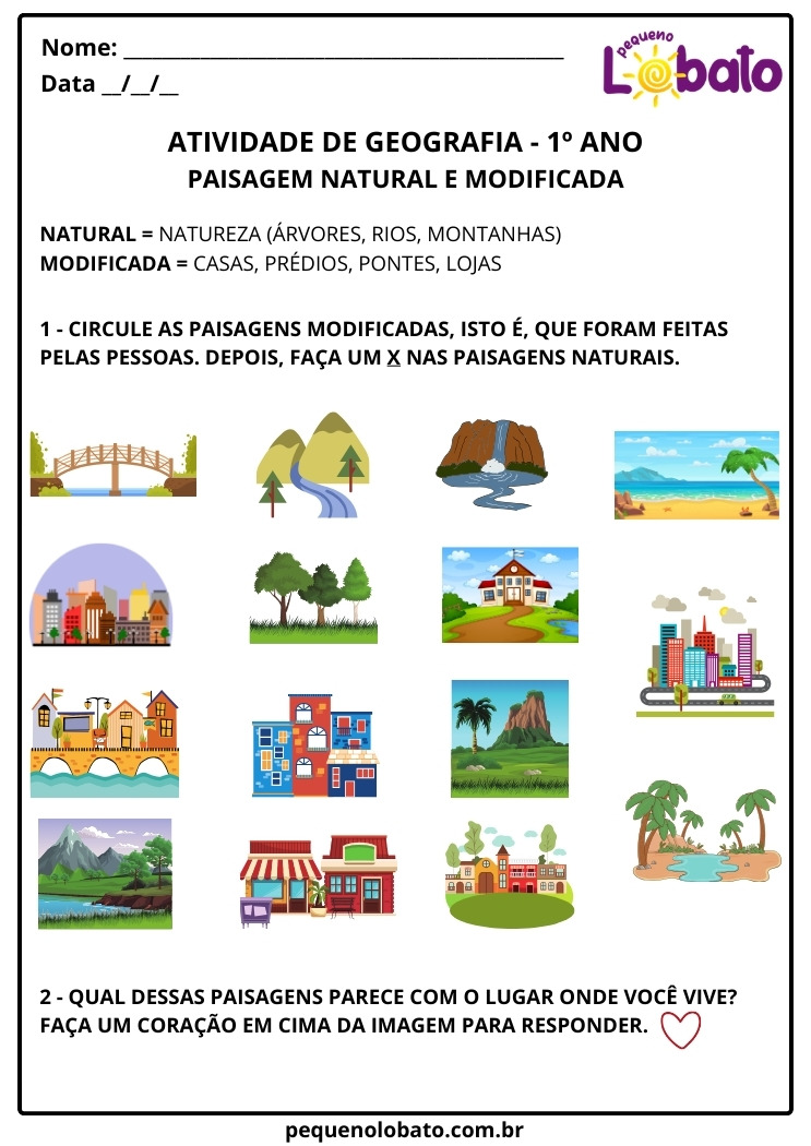 Atividade de Geografia 1º Ano sobre Lugares de Vivência Paisagem Natural e Modificada