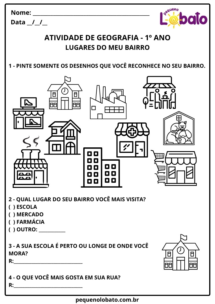 Atividade de Geografia 1º Ano sobre Lugares do Meu Bairro