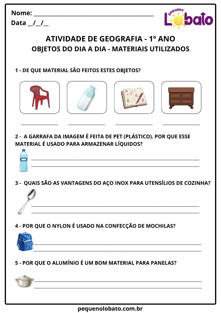 Atividade de Geografia 1º Ano sobre Materiais dos Objetos