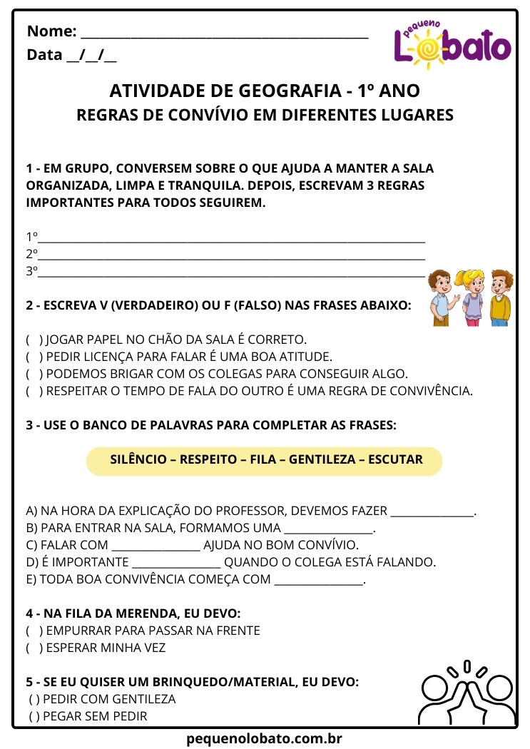Atividade de Geografia 1º Ano sobre Regras de Convívio em Diferentes Lugares