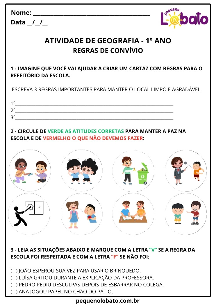 Atividade de Geografia 1º Ano sobre Regras de Convívio na Escola