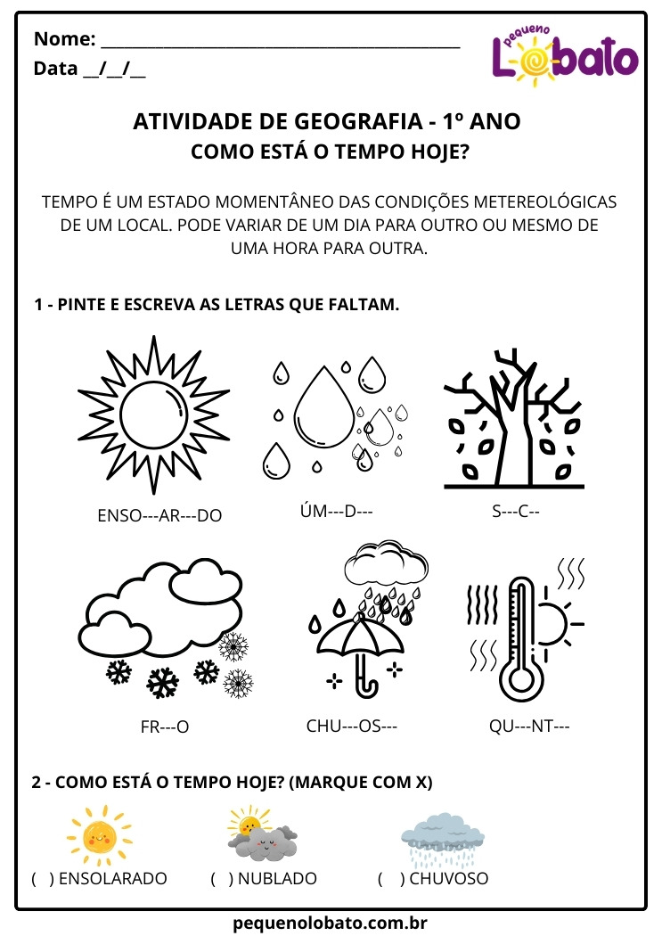 Atividade de Geografia 1º Ano sobre Temperatura e Clima