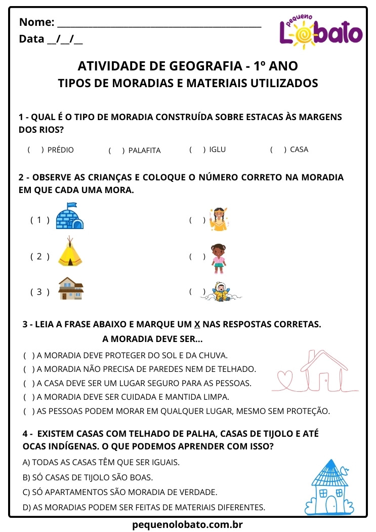 Atividade de Geografia 1º Ano sobre Tipos de Moradia