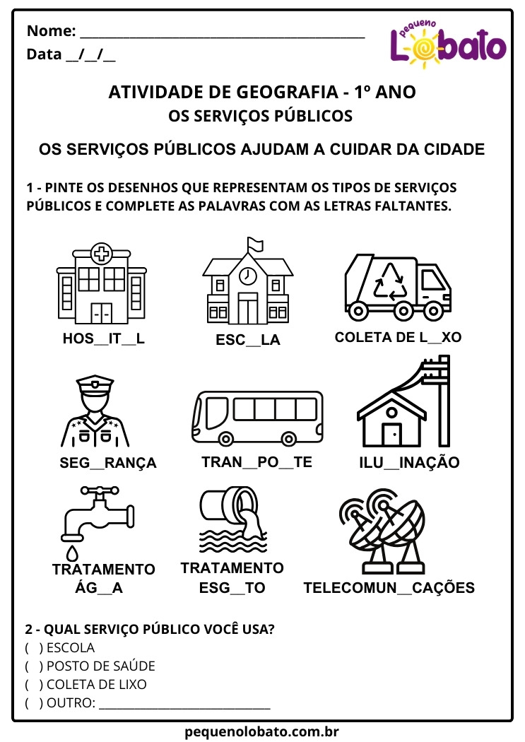 Atividade de Geografia 1º Ano sobre os Serviços Públicos