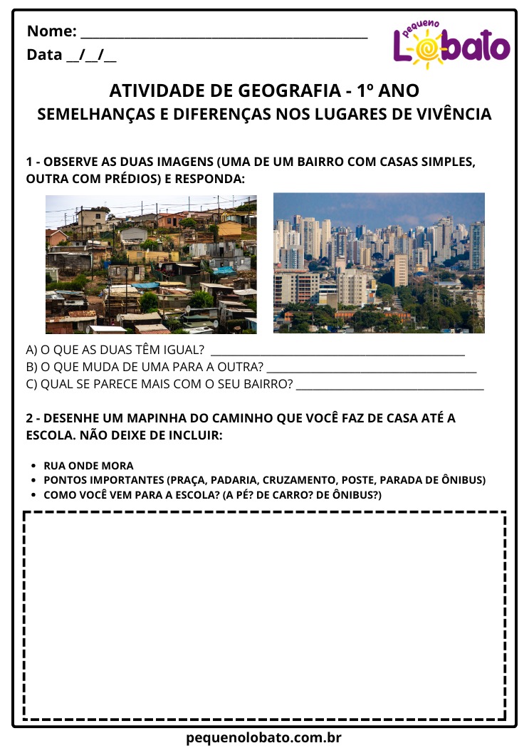 Atividades de Geografia 1º Ano sobre Semelhanças e Diferenças nos Lugares de Vivência