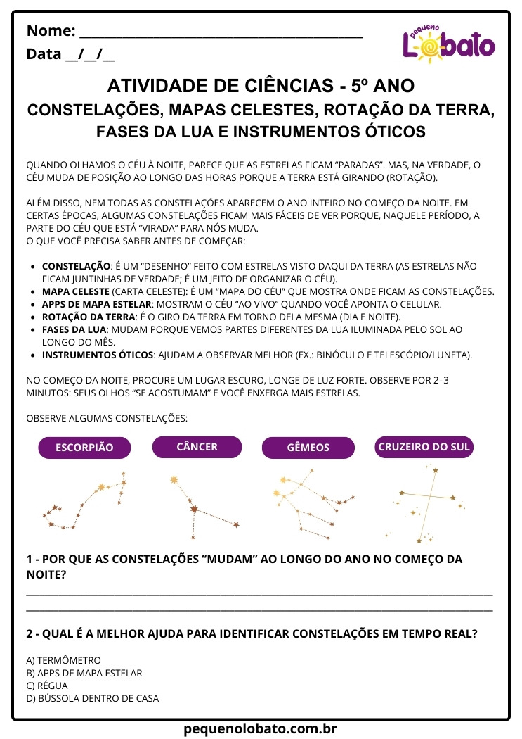 Atividade de Ciências 5º Ano sobre Constelações, Mapas Celestes, Rotação da Terra, Fases da Lua e Instrumentos Ópticos