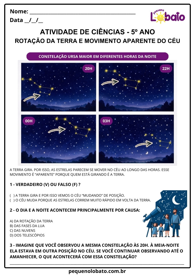 Atividade de Ciências 5º Ano sobre Constelações, Mapas Celestes, Rotação da Terra e Movimento Aparente do Céu