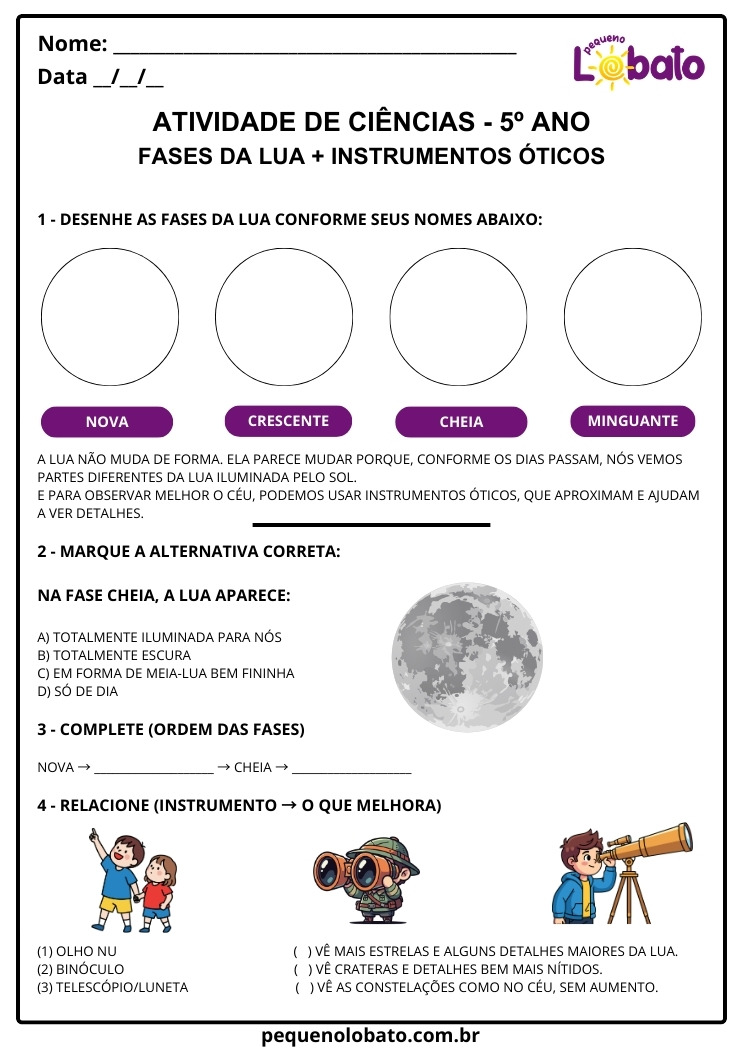 Atividade de Ciências 5º Ano sobre Fases da Lua e Instrumentos Ópticos