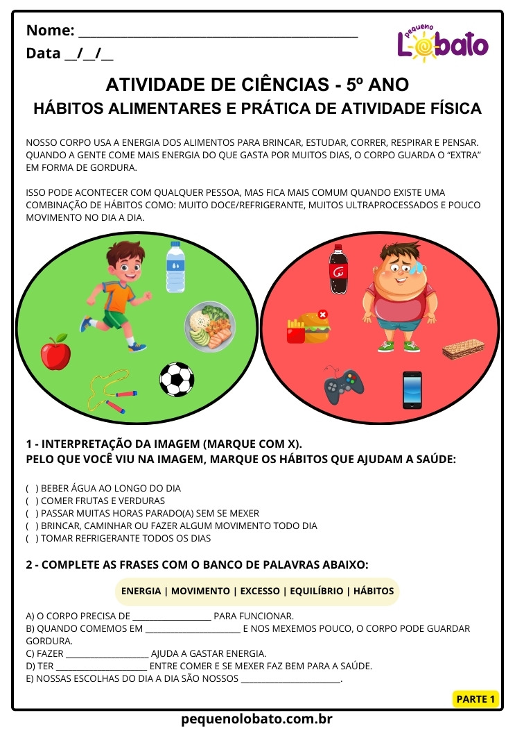 Atividade de Ciências 5º Ano sobre Hábitos Alimentares e Prática de Atividade Física