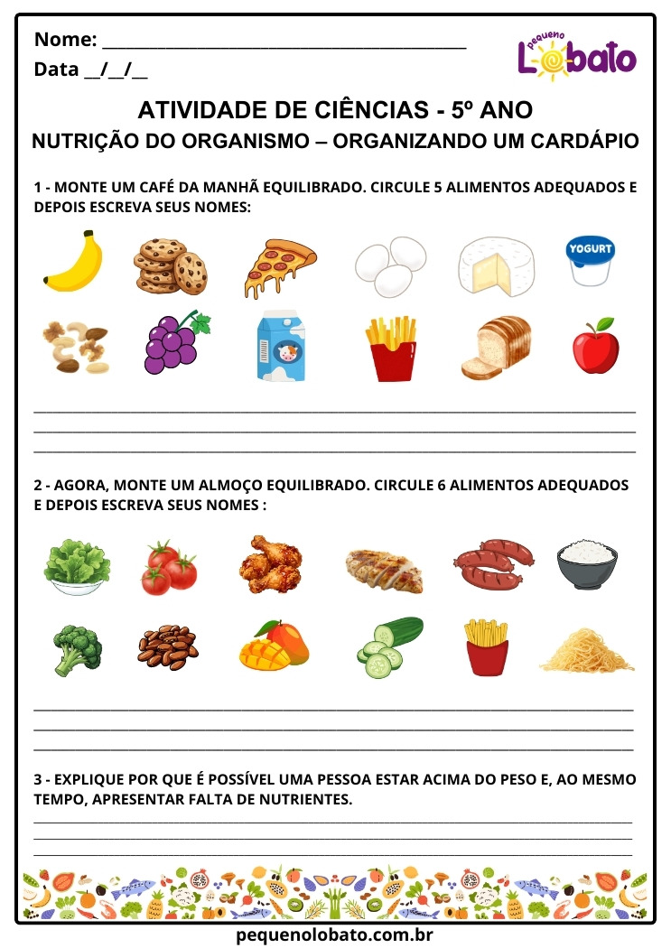 Atividade de Ciências 5º Ano sobre Hábitos Alimentares para Montar Cardápio Equilibrado do Café da Manhã e Almoço