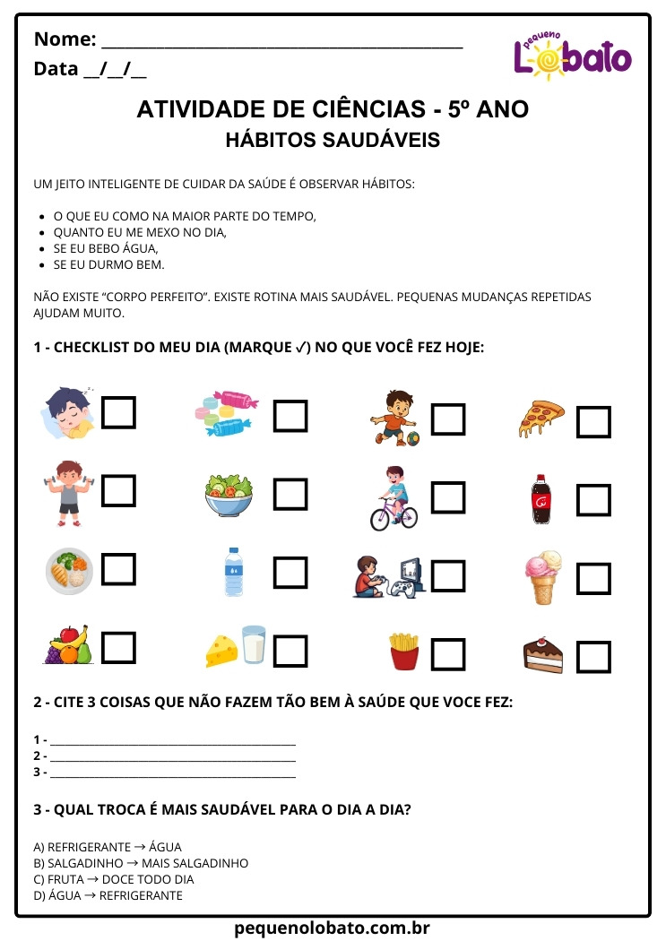 Atividade de Ciências 5º Ano sobre Hábitos Saudáveis
