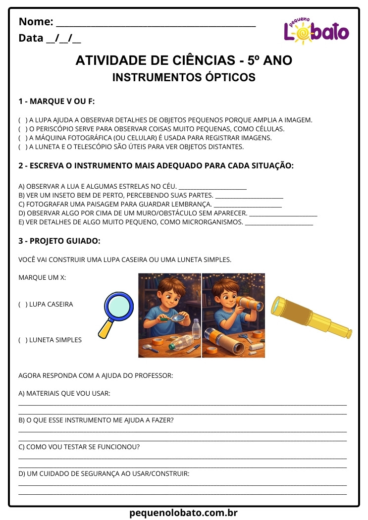 Atividade de Ciências 5º Ano sobre Instrumentos Ópticos e segundo a BNCC EF05CI13