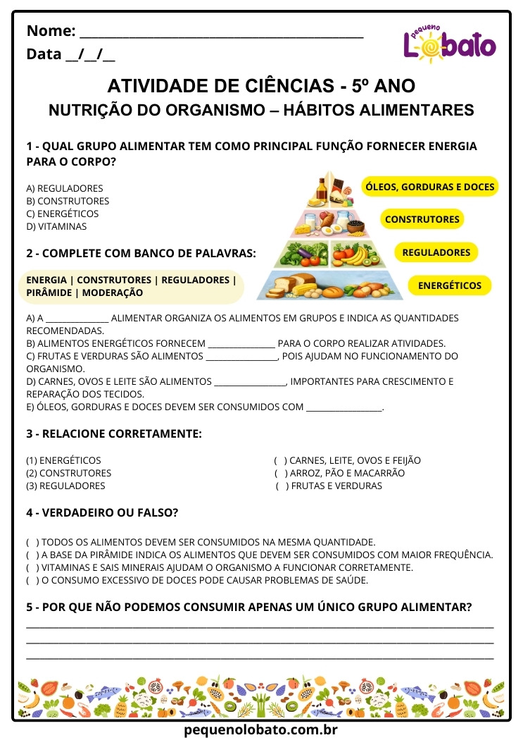 Atividade de Ciências 5º Ano sobre Nutrição do Organismo, Hábitos e Grupos Alimentares