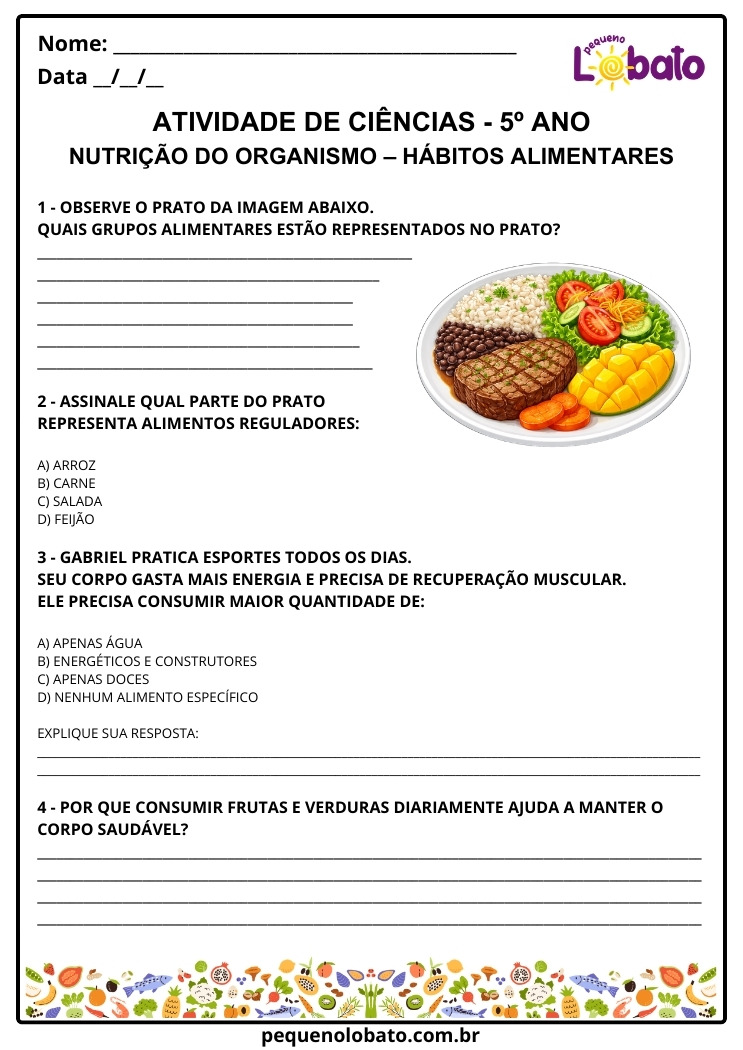 Atividade de Ciências 5º Ano sobre Nutrição do Organismo e Hábitos Alimentares