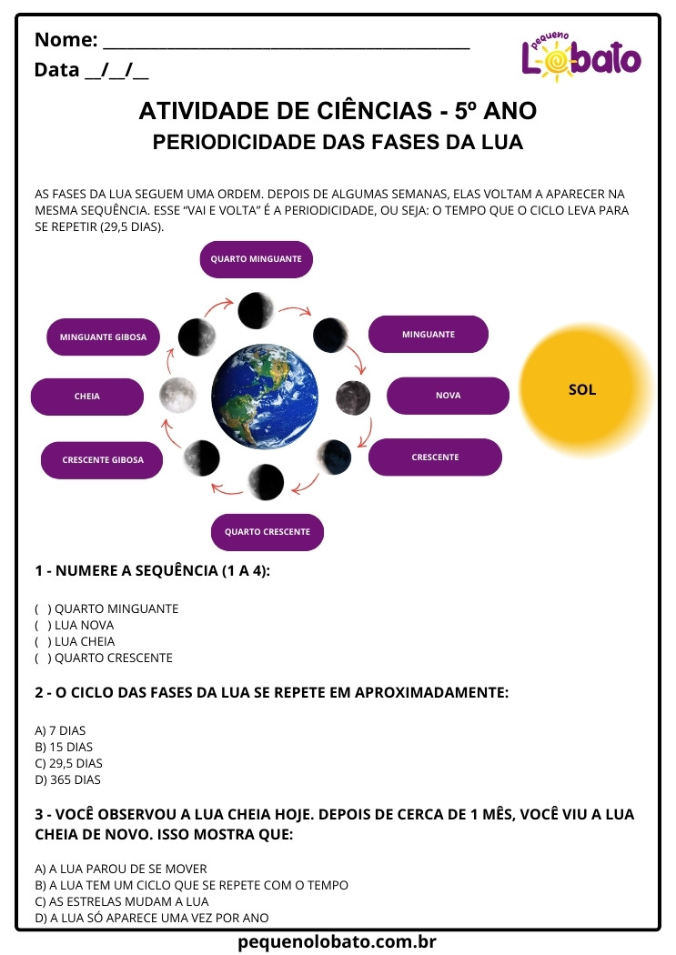 Atividade de Ciências 5º Ano sobre a Periodicidade das Fases da Lua EF05CI12