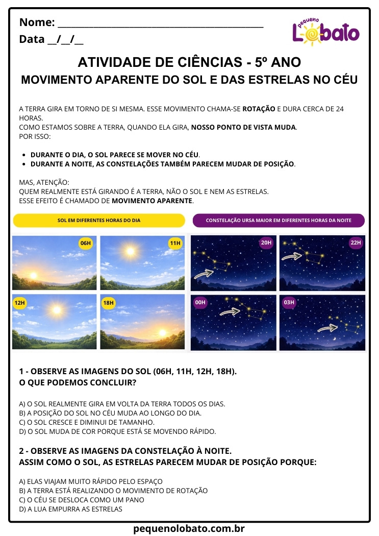 Atividade de Ciências 5º Ano sobre o Movimento Aparente do Sol e das Estrelas no Céu Devido à Rotação da Terra