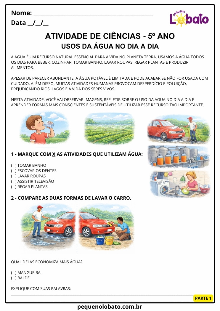 Atividade de Ciências 5º Ano – Consumo Consciente da Água segundo a BNCC