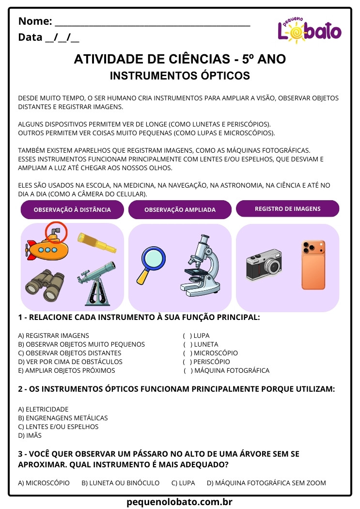 Atividade de Ciências 5º Ano – Instrumentos Ópticos segundo a BNCC