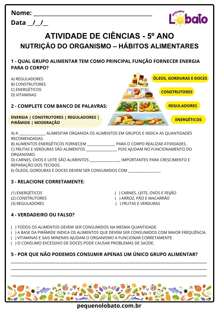 Atividade de Ciências 5º Ano – Nutrição do Organismo e Hábitos Alimentares segundo a BNCC