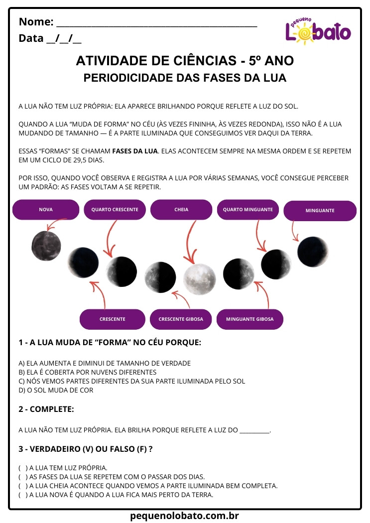 Atividade de Ciências 5º Ano – Periodicidade das Fases da Lua segundo a BNCC