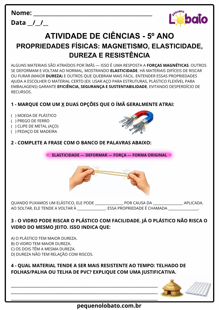 Atividade de Ciências 5º Ano – Propriedades Físicas dos Materiais segundo a BNCC