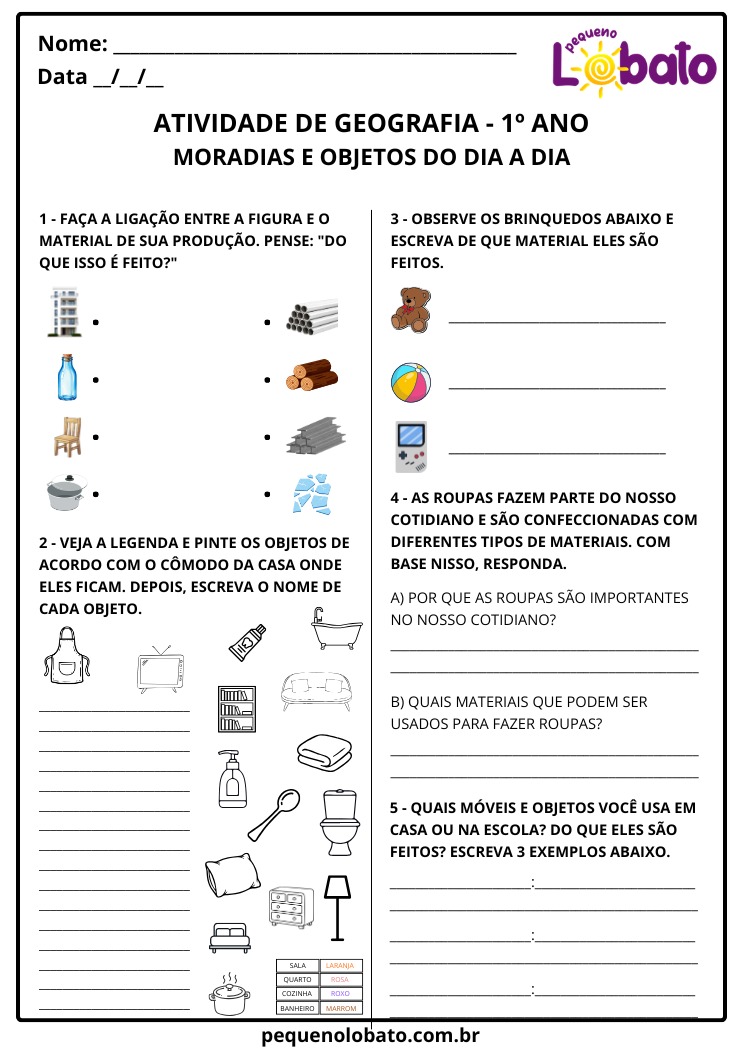 Atividade de Geografia 1º Ano Moradias e Objetos do Dia a Dia Materiais e Do que São Feitos