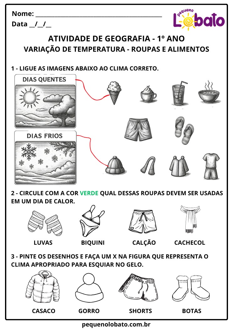Atividade de Geografia 1º Ano Variação de Temperatura e Mudança nas Roupas e Alimentos