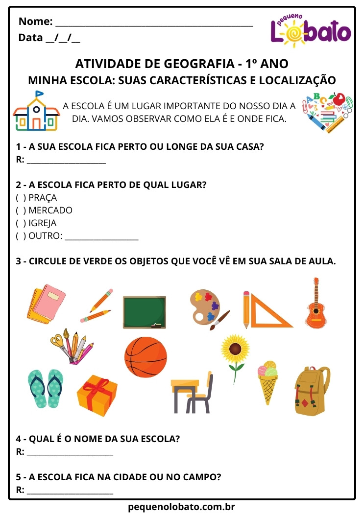 Atividade de Geografia 1º Ano – Localização e Características da Escola segundo a BNCC