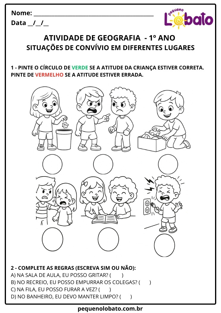 Atividade de Geografia 1º Ano – Regras de Convívio em Diferentes Espaços segundo a BNCC