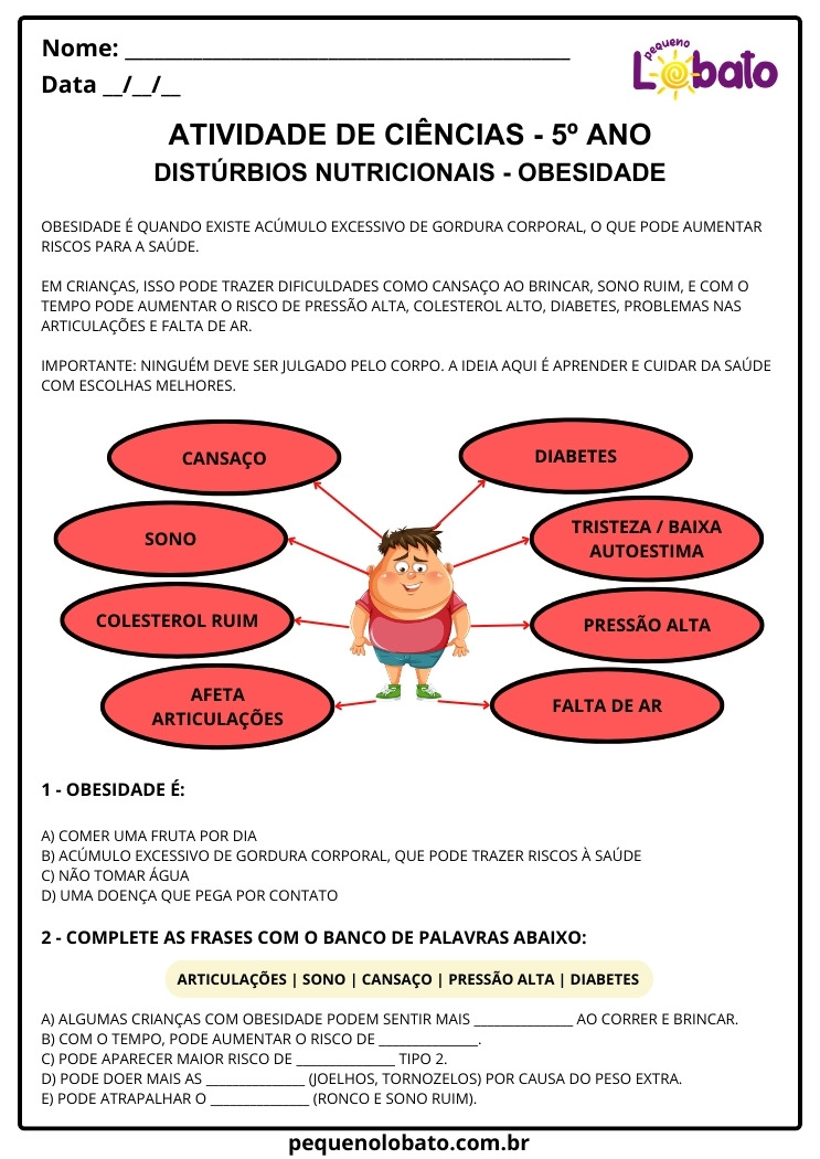 Atividade de Ciências 5º Ano sobre Distúrbios Nutricionais e os Riscos da Obesidade