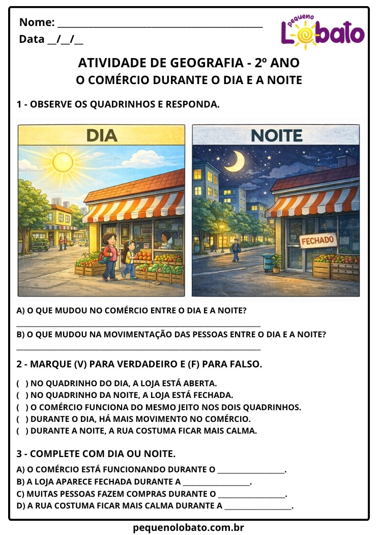 Atividade de Geografia 2º Ano Comércio Durante o Dia e a Noite EF02GE06