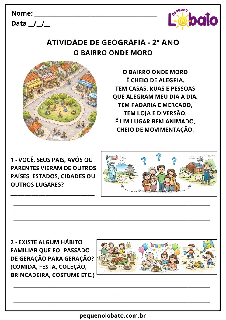 Atividade de Geografia 2º Ano - História da Origem da Família, de Onde Vieram e Hábito Passado de Geração para Geração