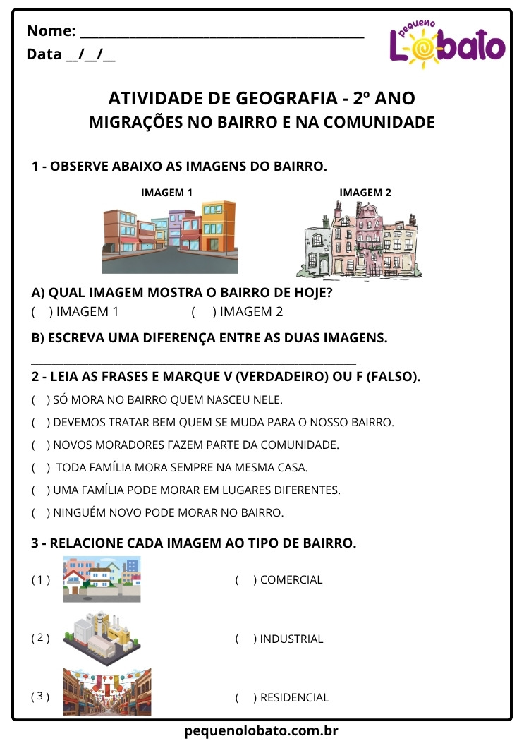 Atividade de Geografia 2º Ano Migrações no Bairro e na Comunidade e Tipos de Bairro